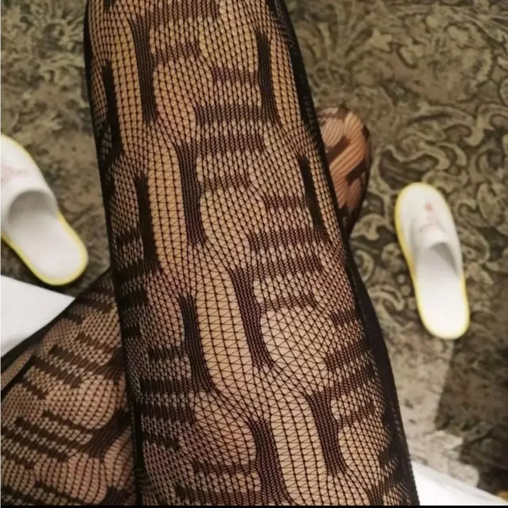 FF Monogram Logo Nylon Diamond Fishnet Pantyhose Black Tights